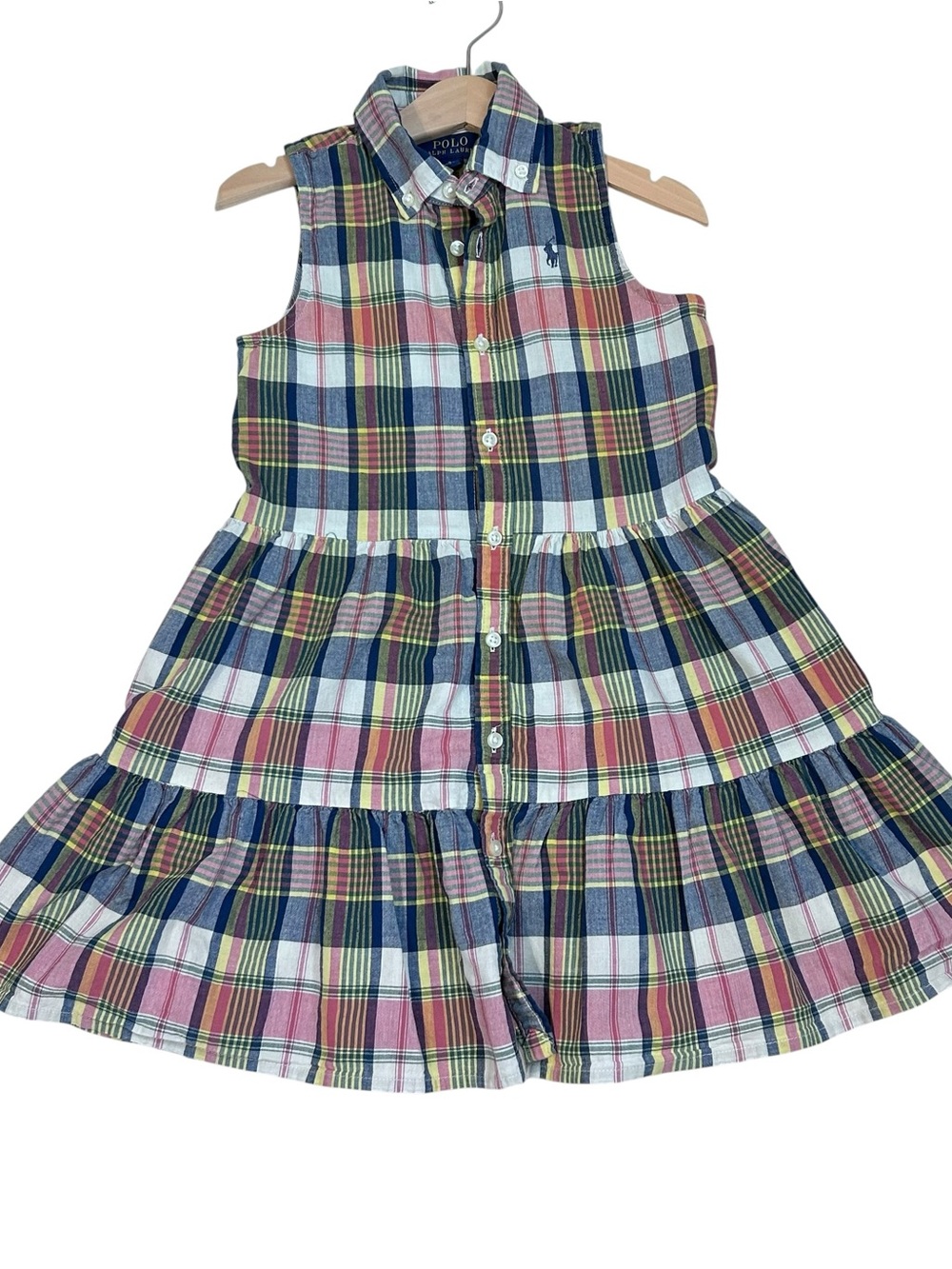 Polo Ralph Lauren Tiered Shirt Madras Plaid Dress Girls Size 5 Button Front Logo